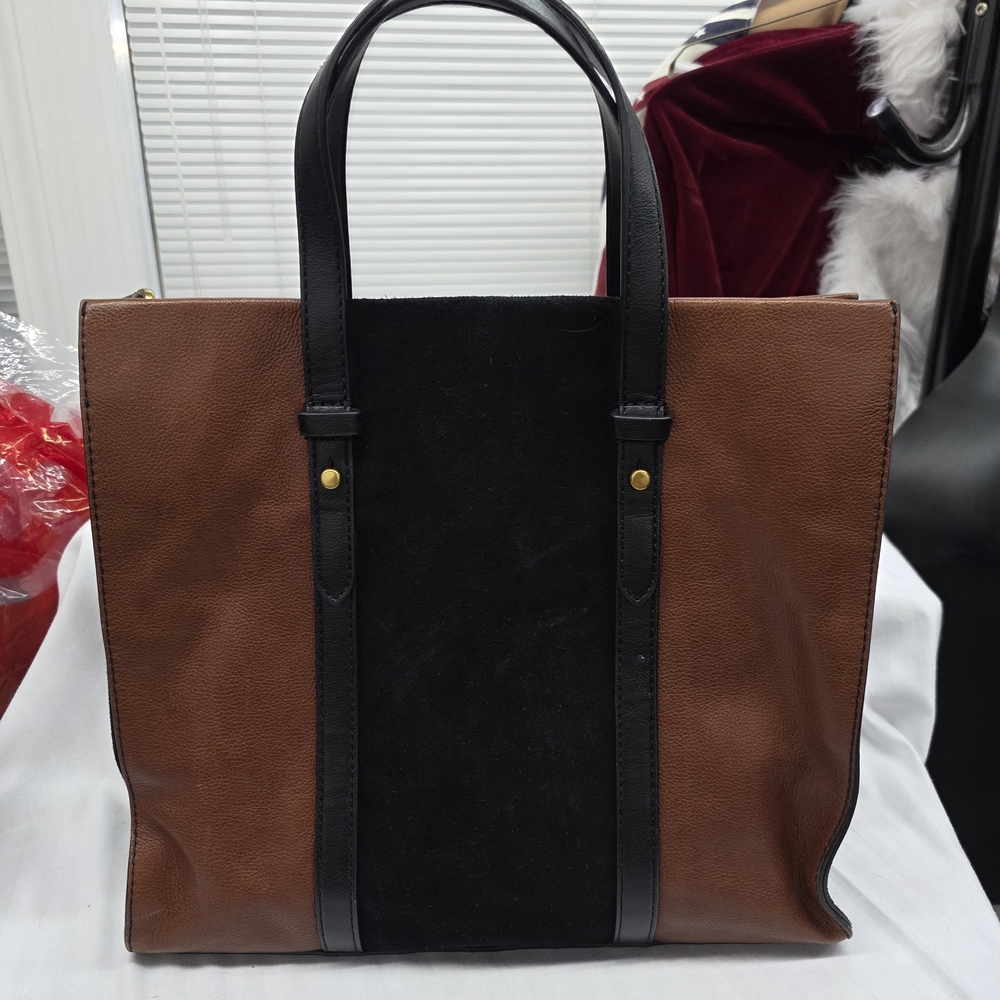 Fossil Kingston Leather and Suede Tote in Brown and Black.